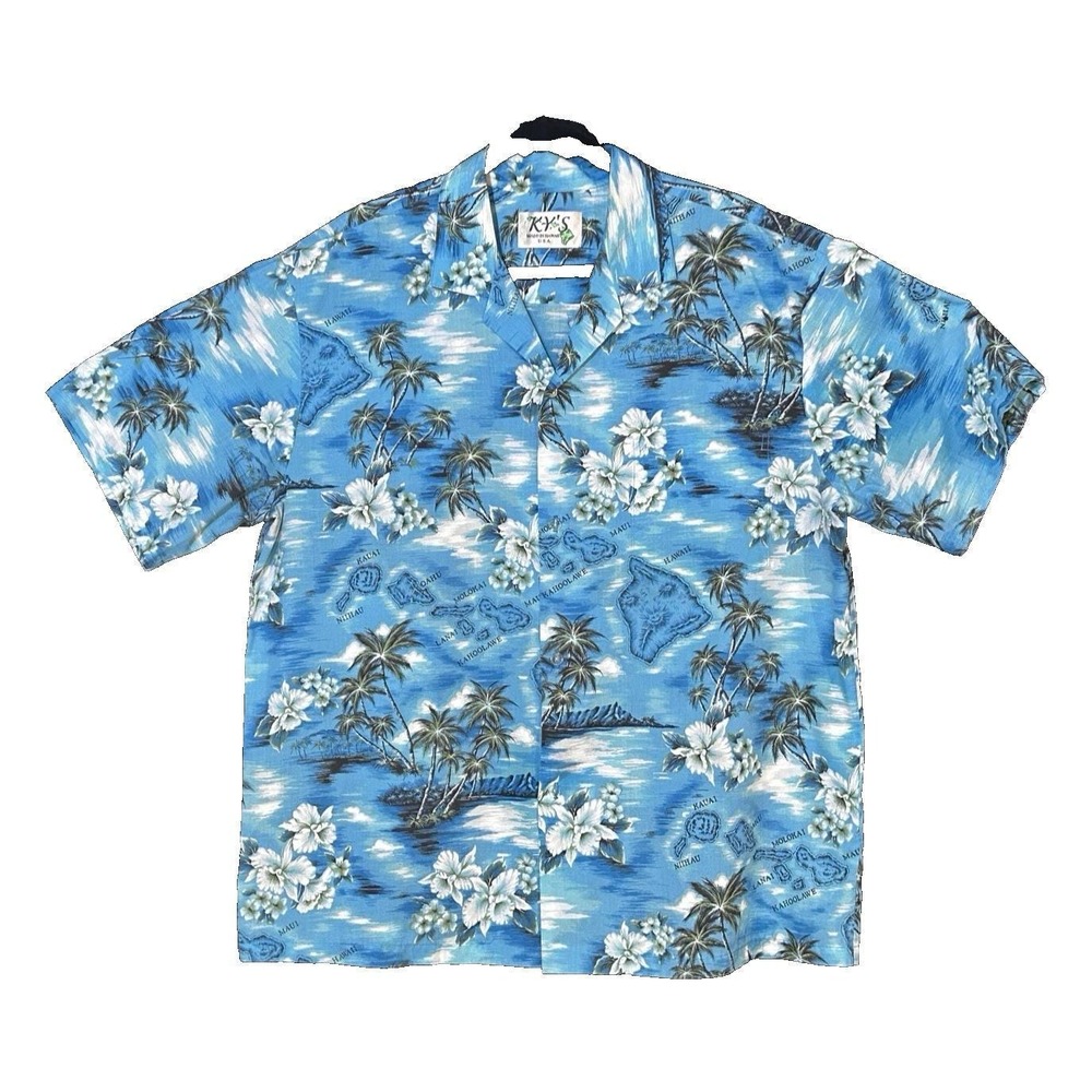 Vintage KY'S Hawaiian Beach Camp Shirt Made In Hawaii USA - EUC Palm Trees Ocean